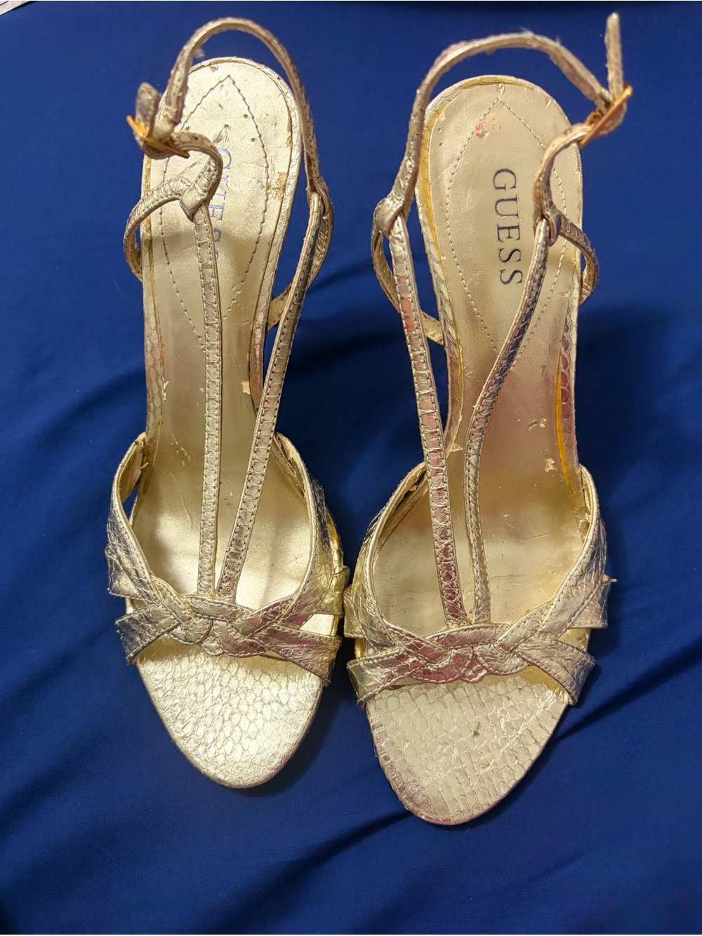 Vintage Guess Gold Metallic T-Strap Braided Heels 6.5